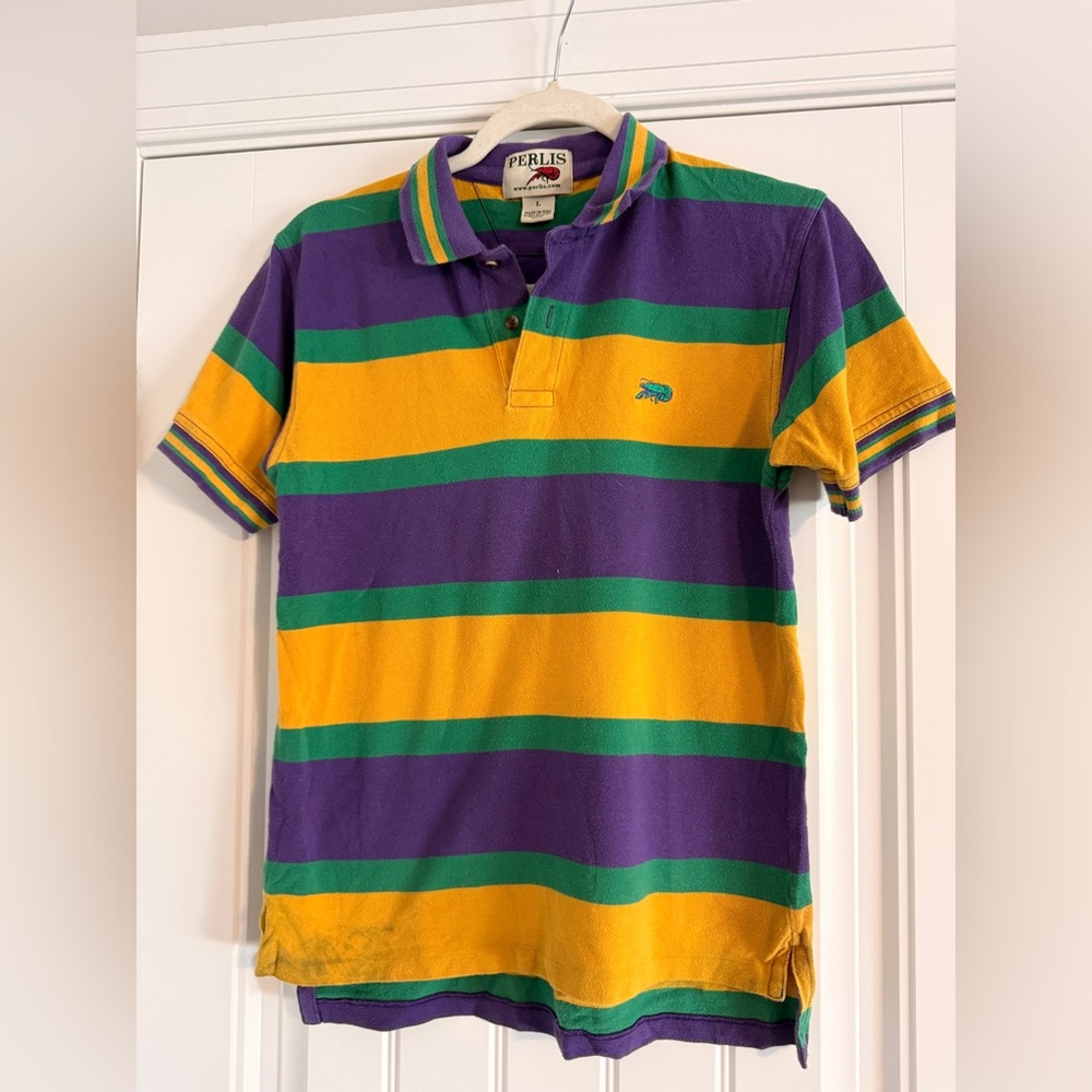 Perlis Youth L Mardi Gras Stripe Crawfish Polo Purple Green Gold Cotton